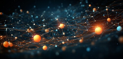Glowing nodes interweaving in a cosmic ballet, creating a stunning molecular tapestry that defines a futuristic digital technology background with interconnected dots and lines. - obrazy, fototapety, plakaty