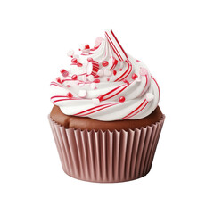 Cupcake muffin with candy cane and vanilla frosting isolated on transparent background