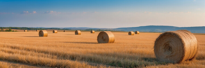 Beautiful landscape. Agricultural field. Round bundles of dry grass in the field against the blue sky. Bales of hay to feed cattle in winter 