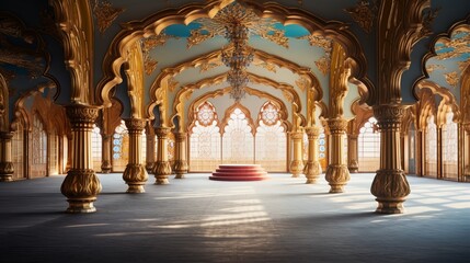 A grandiose hall with Krishna-inspired architecture, featuring intricate arches and ceiling designs.