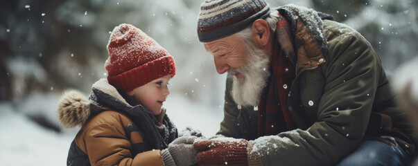 Grandfather helping  his grandson to build an amazing snowman