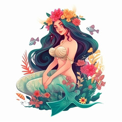 A mermaid with tattoos of flowers and a crown. AI Generated