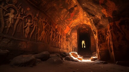 A hidden cave with ancient inscriptions depicting Hanuman's story. - obrazy, fototapety, plakaty