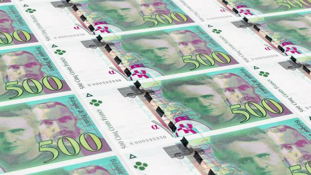 France French Franc 500 Banknotes Money Printing House, Printing Five Hundred French Franc, Printing Press Machine Print out French Franc, Being printed by currency press machine 500 French Franc