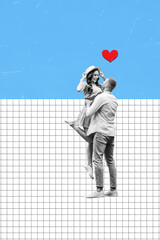 Collage pinup pop image of carefree happy couple dancing having fun celebrating valentine day...