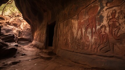 A hidden cave with ancient inscriptions depicting Hanuman's story. - obrazy, fototapety, plakaty