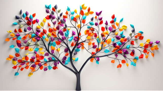 Colorful metal wall art of a tree with vibrant leaves