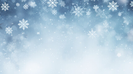 Naklejka na ściany i meble Gentle snowflakes fall against a soft blue wintry background.