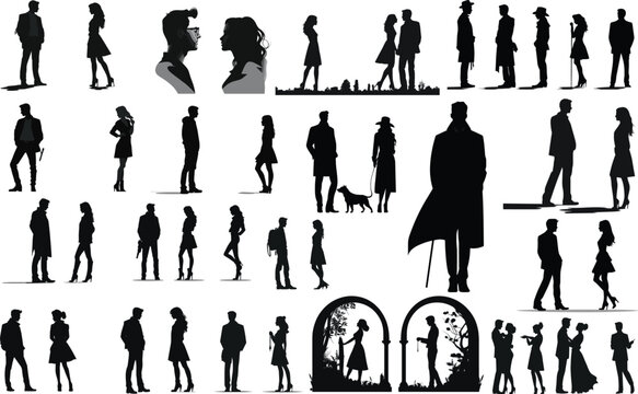 silhouette person love couple man vector illustration  romance valentine young romantic Set