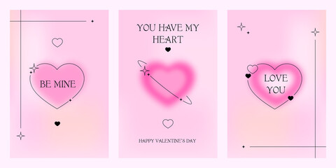 Set of modern posters with Valentine's Day. Trendy gradients, blurred shapes, typography, y2k. Social media stories templates. Vector illustrations for mobile apps, banner, greeting card