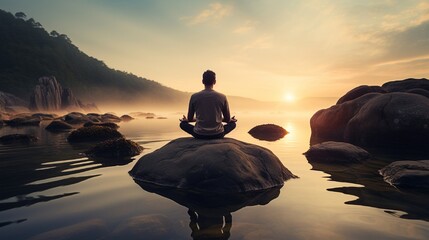 A high-definition image of a person with diabetes engaged in mindful meditation to reduce stress, an essential element in diabetes management. - obrazy, fototapety, plakaty