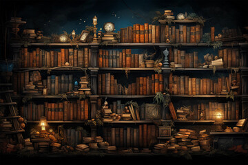 Old library or bookshop with many books on shelves as wallpaper on transparency generative AI