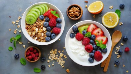 two healthy breakfast bowl with ingredients granola fruits greek yogurt and berries top view weight loss healthy lifestyle and eating concept