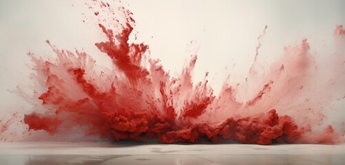 A breathtaking display of red particles suspended in mid-air, crafting a surreal tapestry against the pristine backdrop of a white canvas.