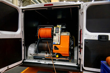 Mobile mobile point of communal services for cleaning sewage and water pipes. Equipment with a mini...