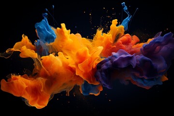 Radiant bursts of tangerine and indigo pigments colliding in a dynamic choreography, frozen in time against the infinite allure of a black background