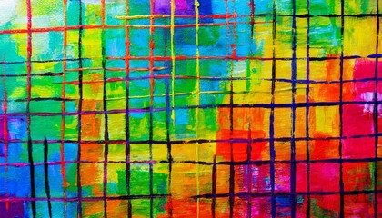 an abstract painting a brightly colored irregular grid