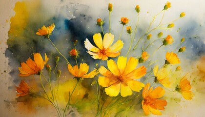 yellow cosmos flowers image mix with painted watercolor on paper