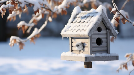 Bird box under snow during the winter - obrazy, fototapety, plakaty