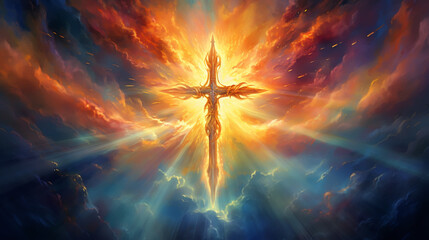 Christian cross appears bright in the sky background - obrazy, fototapety, plakaty
