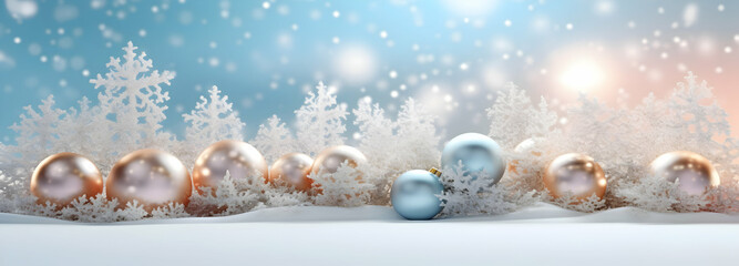 Fototapeta na wymiar Glass Christmas decorations, snowflakes shining on blurry bokeh background