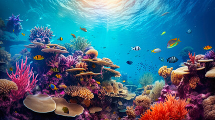 Naklejka na ściany i meble Underwater view of coral reef with fishes and sunlight. Tropical background.