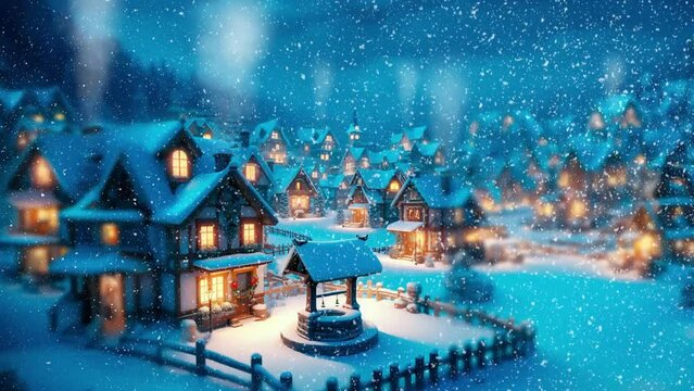 Snow scene with little houses in the night
