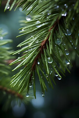 Naklejka na ściany i meble Green Christmas tree branch, Caucasian fir covered with raindrops