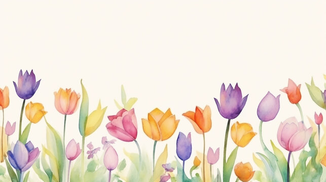 Spring flowers. Yellow tulips on white background. Floral. Watercolor illustration.