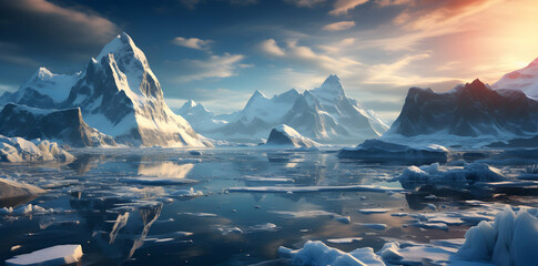Iceberg floating on ice, winter scenery, winter landscape in Antarctica.