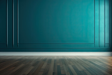 Blue turquoise empty wall and wooden floor with interesting with glare from the window. Interior background for the presentation. - obrazy, fototapety, plakaty