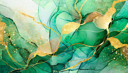 green alcohol ink beautiful abstract ink flow art mixed with gold pattern or gold leaf with translucent background illustration with a translucent background