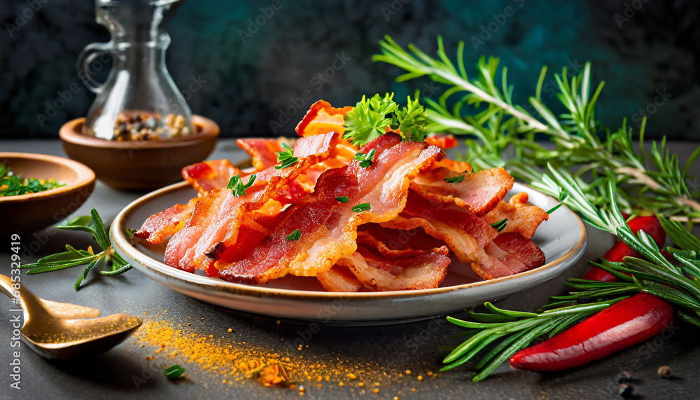 Wall mural hot fried crunchy bacon slices in plate with herbs