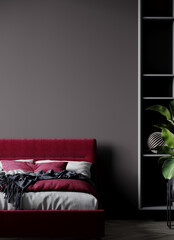 Bedroom in trend dark color viva magenta and dark gray. A deep empty background wall and a red burgundy maroon bed. Modern luxury interior design home or hotel apartment and rich furniture. 3d render 