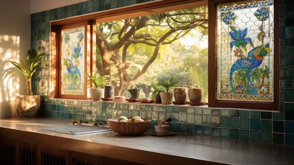 Fototapeta na wymiar A kitchen with Krishna-themed tiles and a window view of a garden with peacocks strolling about.
