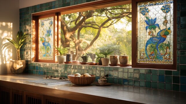 Fototapeta A kitchen with Krishna-themed tiles and a window view of a garden with peacocks strolling about.