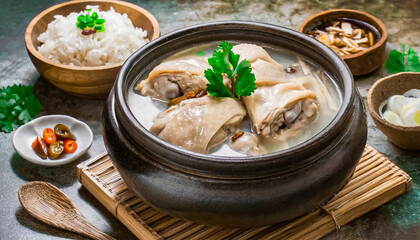 Ginseng chicken soup or Samgyetang, Koreans traditional food chicken with rice - obrazy, fototapety, plakaty