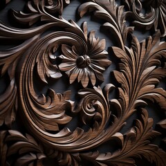 A close-up shot of an opulent teakwood panel, capturing its velvety darkness and fine woodgrain nuances with the precision of an HD camera.