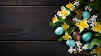 Easter dark rustic still life greeting card with quail eggs in nest and blooming cherry branch. Dark wooden background. Easter holiday time. Copy space