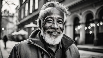 portrait of an elderly man with gray hair mustache and beard black and white street photography style homelessness insecurity and mental health concept