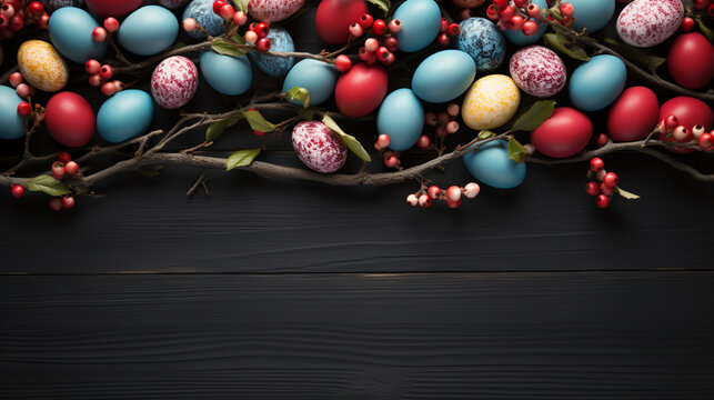 Easter dark rustic still life greeting card with quail eggs in nest and blooming cherry branch. Dark wooden background. Easter holiday time. Copy space