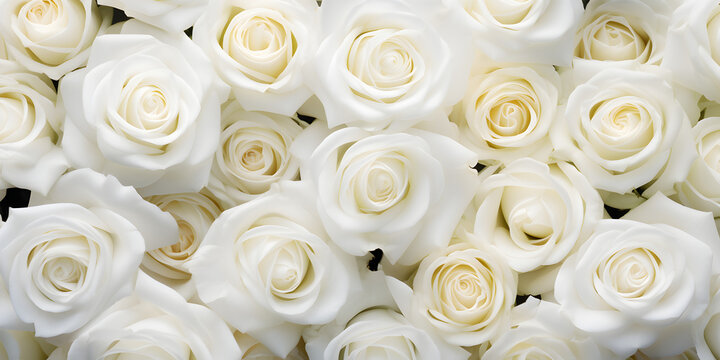 Floral background with white roses, top view