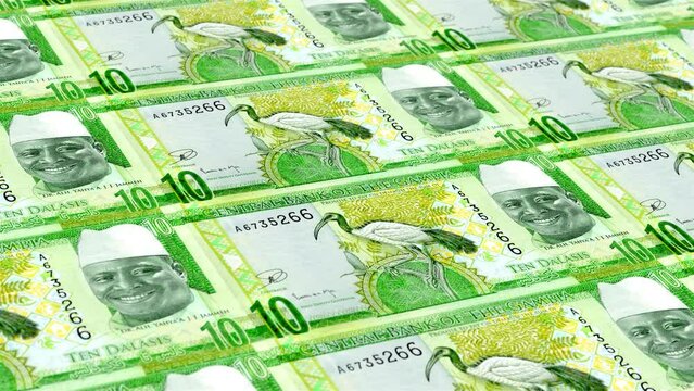 Gambia Gambian Dalasi 10 Banknotes Money Printing House, Printing Ten Gambian Dalasi, Printing Press Machine Print out Gambian Dalasi, Being printed by currency press machine 10 Gambian