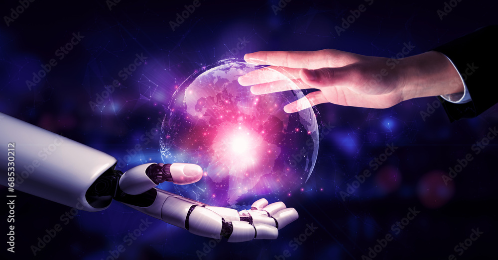 Poster 3d rendering artificial intelligence ai research of robot and cyborg development for future of peopl