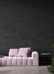 Luxury livingroom with pastel pink powder sofa. Accent empty wall decorative plaster stucco - black dark microcement. Premium minimalist modern interior design lounge office. Mockup art. 3d render