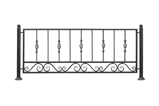 Wrought iron fence with decor.