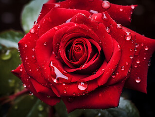 Close up of red rose with water drops, floral background 