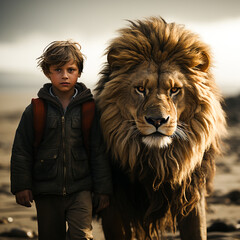 A small child and a lion by his side are walking together. Generated by AI