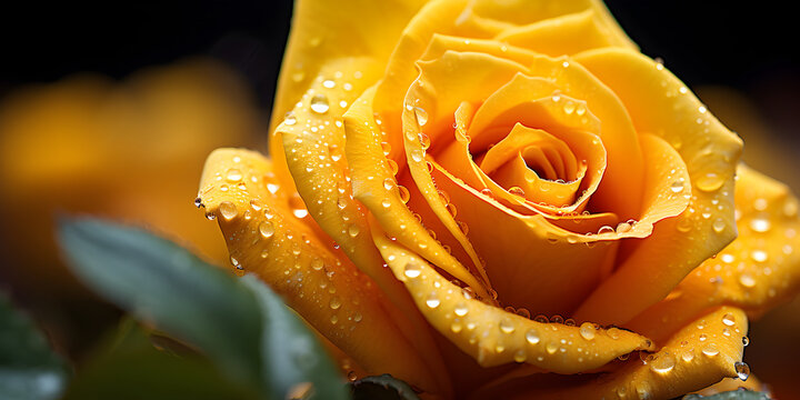 Close up of yellow rose with water drops, floral background 