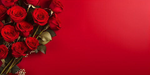 Red roses on red background with copy space